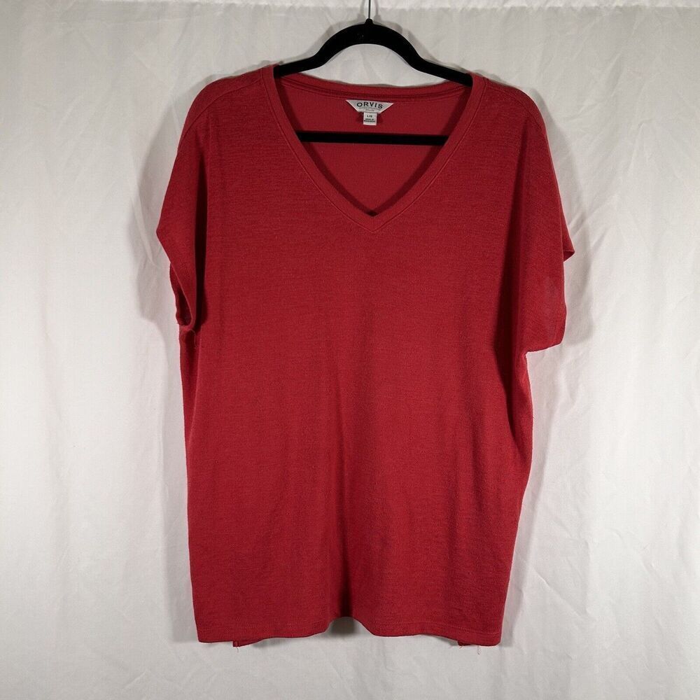 Orvis Shirt Women's Large Red Vneck Short Sleeve Lightweight High Low Side Slit